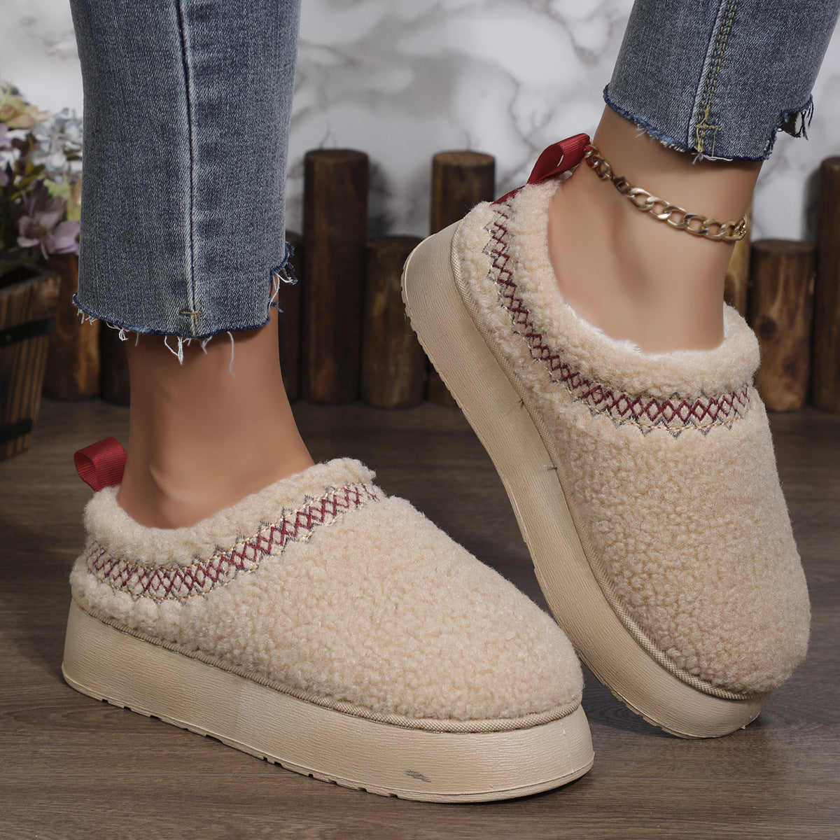 New Ethnic Style Sewing-edge Plush Slippers Winter Indoor Floor Thick-soled Slipper Fashion Outdoor Warm Garden Shoes